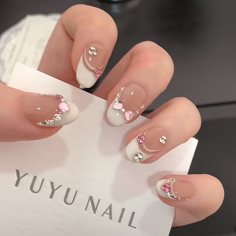 Nail Art French - 10 stuks wit Frans roze hart