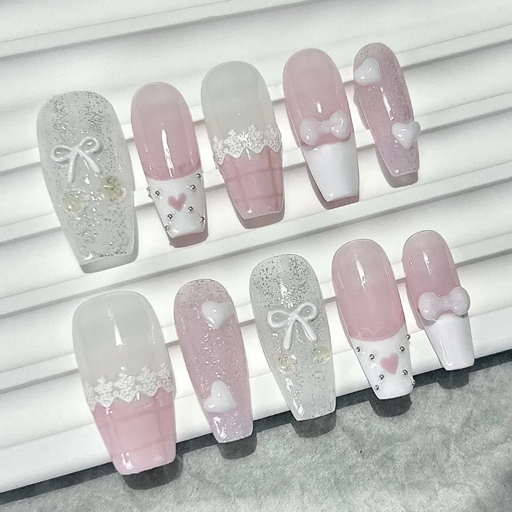 Nail Art Pink - 10st roze strik liefde kant Franse