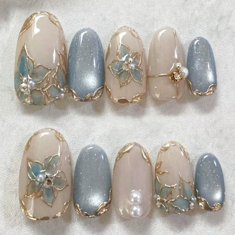 Nail Art Full Cat Eye - 24 stuks blauwe kattenoog amandelvormige opzetnagels,