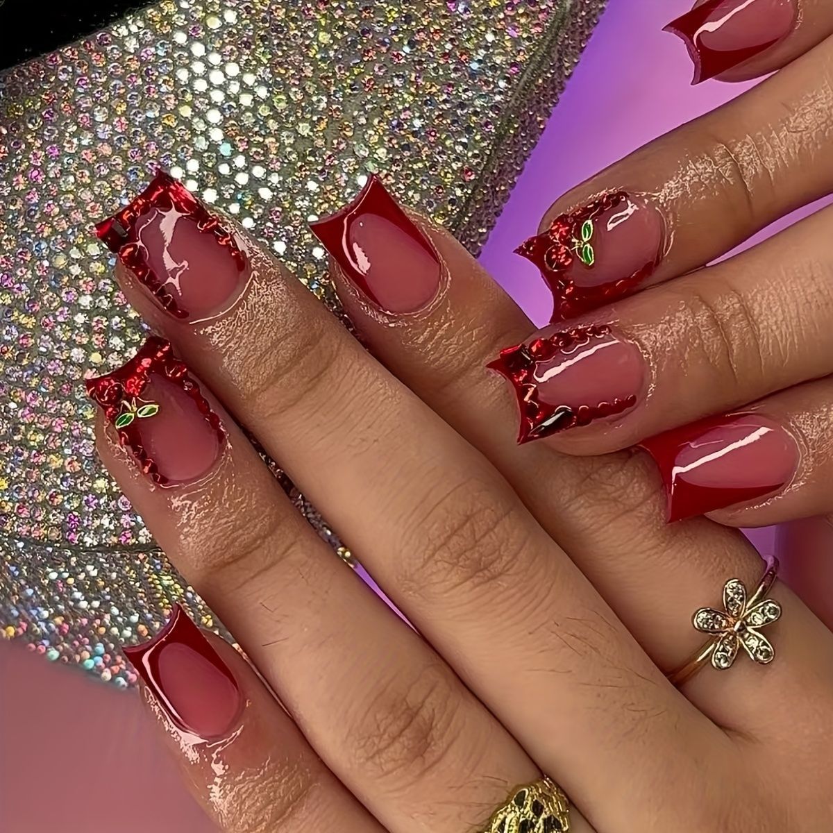 Nail Art Red Cherry - 24 stuks afgewerkte nepnagels Frans rood