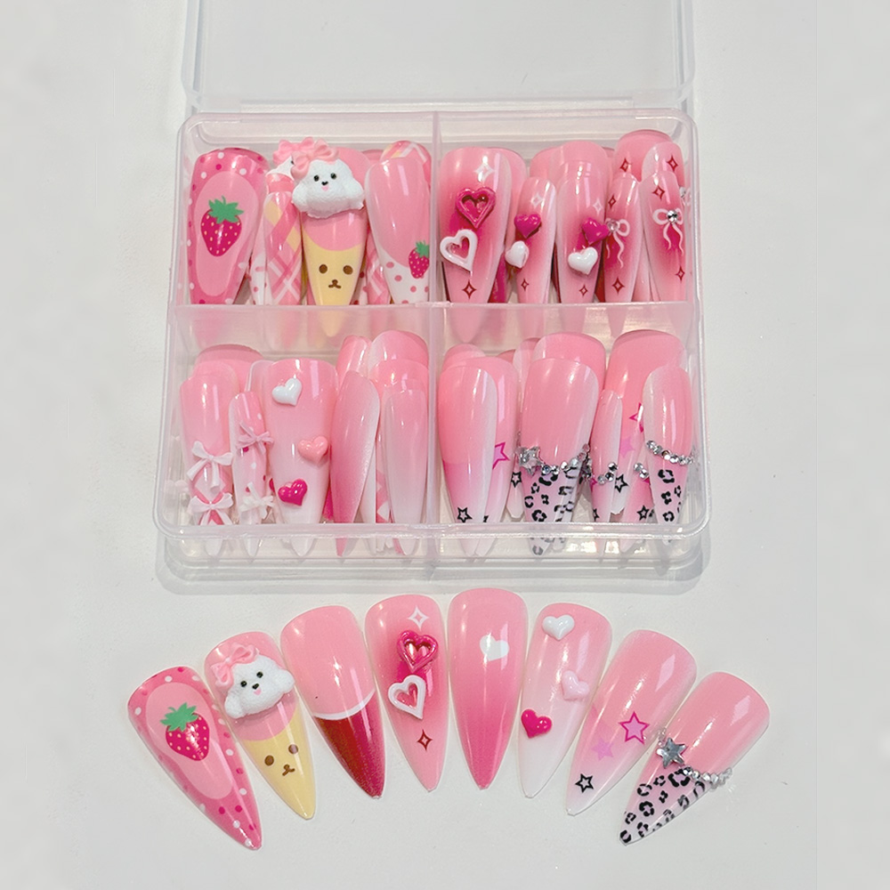 Nail Art Y2K - 96 stuks roze lange stiletto opzetnagels