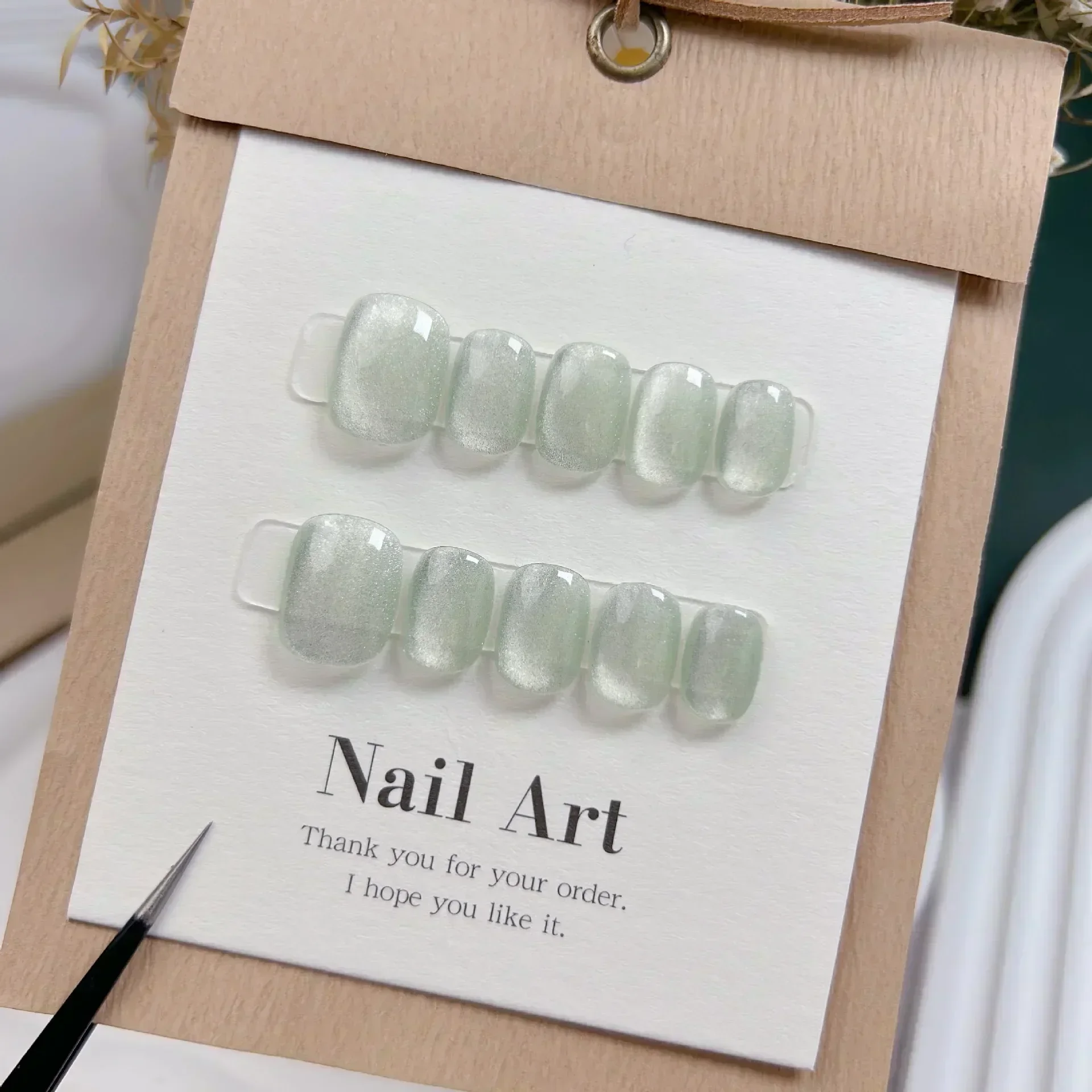 Nail Art Full Cat Eye - 10 stuks korte handgemaakte lichtgroene opzetnagels